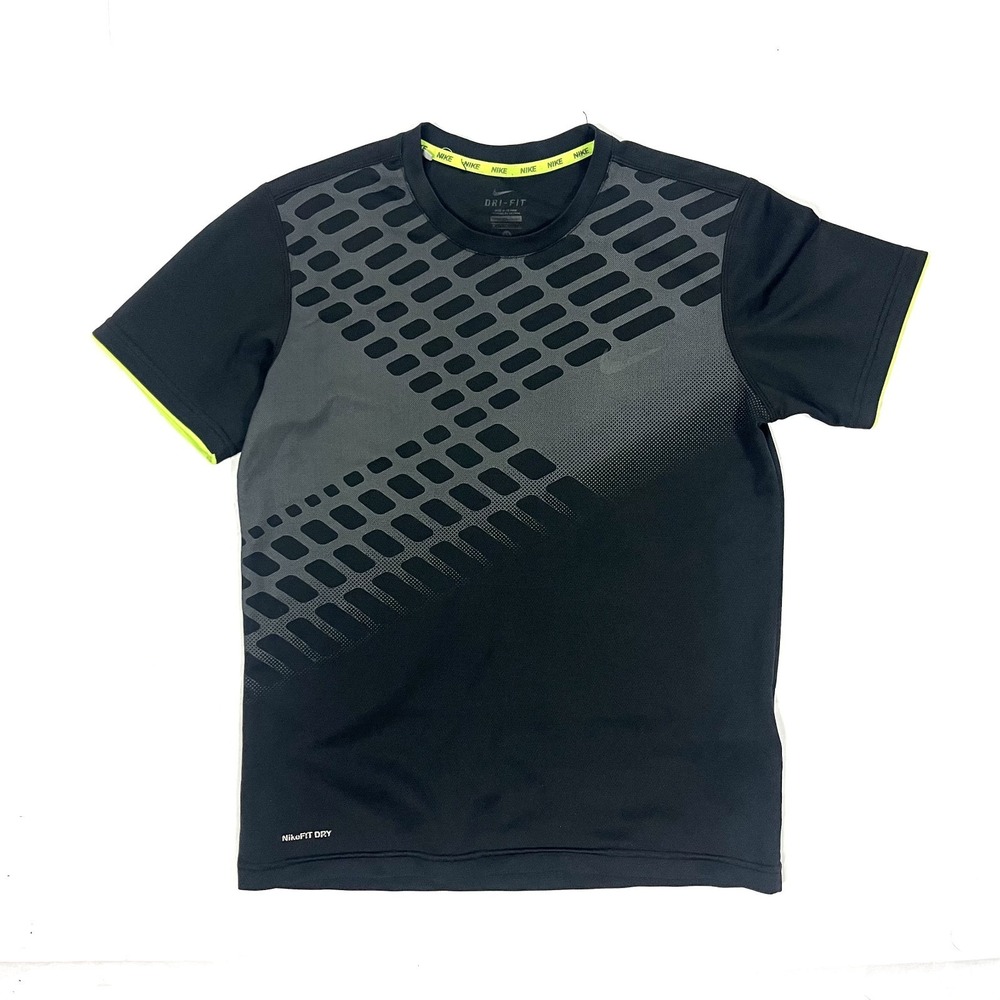 NIKE Dri-FIT Men M Black Grey Graphic Short Sleeve Training Shirt Neon Trim